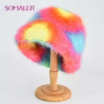 SOMALER цветные блокирующие шапки-ведра из искусственного меха для женщин, плюшевые красочные шапки, модная теплая пушистая меховая панама из искусственного меха белый/чёрный