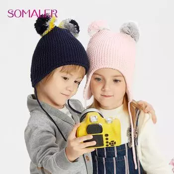 SOMALER детские зимние шапки с помпоном из лисьего меха для девочек и мальчиков, теплые детские вязаные шапки на флисовой подкладке, новые осенние милые детские шапочки с ушками 1-4 years темно-синий