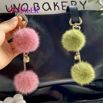 SOMALER Fashion Real Mink Fur Keychain Cute Girls Bag Pendant Fluffy Fur Pompom KeyRings Birthday Gift for Women