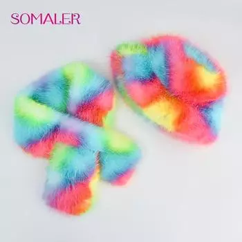 SOMALER красочная шапка из искусственного меха, комплект шарфов, теплые женские шапки-ведра из искусственного меха с шарфами чёрный/белый