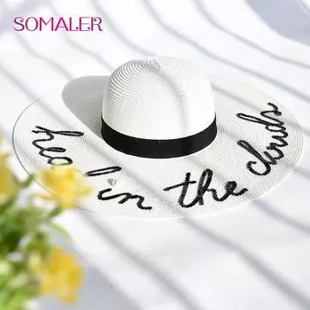 SOMALER летняя соломенная шляпа от солнца для женщин, пляжная шляпа с широкими полями, складная кепка с модной надписью и жемчугом One Size белый