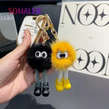 SOMALER Luxury Real Mink Fur Plush Mink Keychain Ladys Girls Bag Car Key Keyring Pompom Pendant Accessories