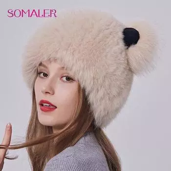 SOMALER милая меховая шапка с медвежьими ушками и узором для женщин и девочек, шапка из натурального лисьего меха, пушистая шапка-бомбер в русском стиле с подкладкой для холодной зимы хаки