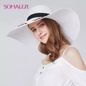 SOMALER модная шляпа от солнца с буквенным узором и жемчугом с широкими полями, летняя пляжная шляпа, соломенная шляпа высокого качества белый