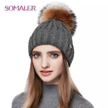 SOMALER шапка с помпонами из натурального меха енота, женская теплая шерстяная женская шапка, вязаные зимние шапки для девочек, шапки-шапки темно серый