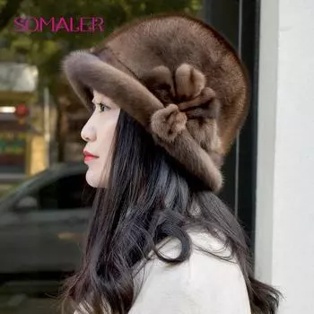 SOMALER шапка-ведро из цельного норкового меха для женщин, зимняя теплая шапка из натурального меха, новая женская шапка с цветком чёрный