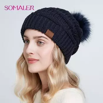 SOMALER шапки с напуском, зимние шапки для женщин, вязаная шапка для женщин, мешковатая шапка с помпоном из искусственного лисьего меха