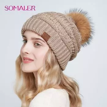 SOMALER шапки с помпоном из натурального меха енота для женщин, зимние теплые вязаные шапки с напуском, женская мешковатая лыжная кепка