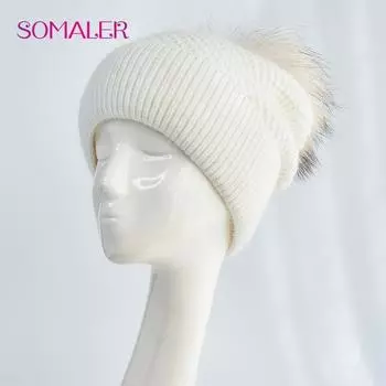 SOMALER Толстая вязка зимняя шапка с помпоном из натурального меха для женщин, теплая флисовая подкладка с манжетами, женская зимняя шапка чёрный