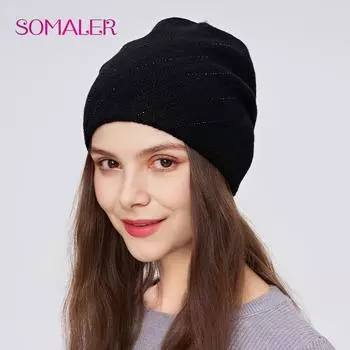 SOMALER Women s Winter Warm Wool Knit Hat with Rhinestone Double Layer Thick Casual Fashion Bonnet Outdoor Cap One Size