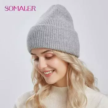 SOMALER вязаные шапки с широкими манжетами для женщин, зимняя шапка из ангорской шерсти, мягкие теплые лыжные шапки высокого качества чёрный