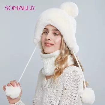 SOMALER, женская шапка-бомбер, шарф, комплект для зимы, шапка из искусственного кроличьего меха, шапка с наушниками на плотной подкладке для девочек