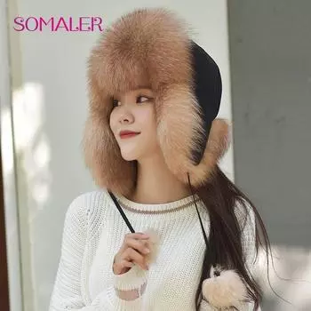 SOMALER женская зимняя шапка-бомба из натурального лисьего меха непромокаемая тканевая шапка-ушанка русский казак-траппер шапка-ушанка
