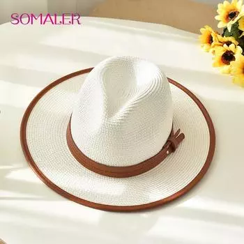 SOMALER женские летние соломенные солнцезащитные шляпы-панамы с широкими полями и поясом, солнцезащитные пляжные кепки с УФ-защитой, унисекс, дорожные шляпы One Size белый