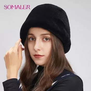 SOMALER, женские панамы с натуральным мехом, зимние шапки из цельного кроличьего меха, теплая подкладка, шапочки для девочек, модные женские шапочки чёрный