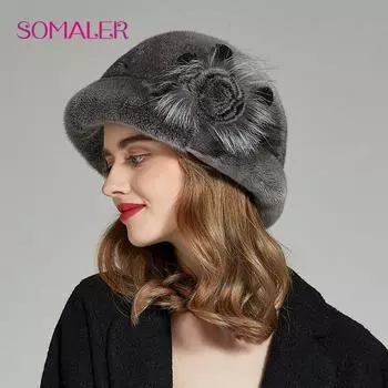 SOMALER женские шапки из цельного меха норки для зимы, шапка-ведро с настоящим цветком перьев, элегантная женская формальная шапка