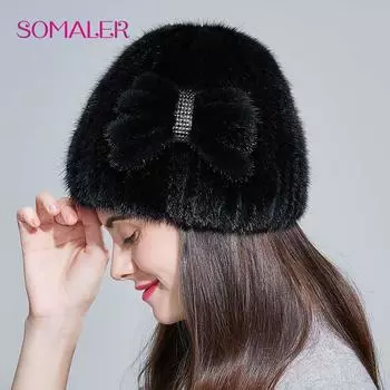 SOMALER женские зимние меховые шапки из натурального норкового меха шапка-бини толстые теплые вязаные меховые шапки женская модная меховая шапка чёрный