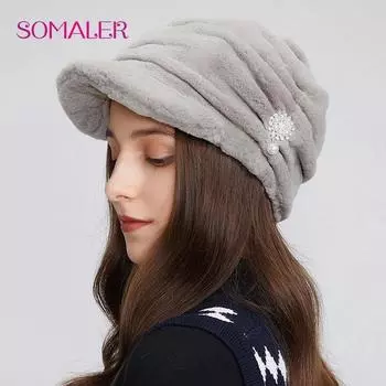 SOMALER женские зимние меховые шапки с козырьком из натурального кроличьего меха, теплая фуражка для девочек, модные женские шапки в российском стиле чёрный