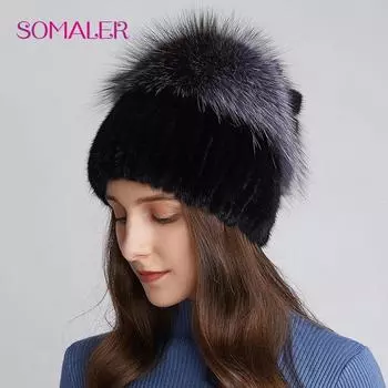 SOMALER женские зимние шапки из натурального норкового меха, теплая шапка из лисьего меха, сшитая вручную шапка для девочек, модные женские лыжные шапки с мехом и цветком чёрный