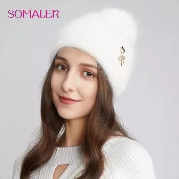 SOMALER женские зимние вязаные шапки с кроличьим мехом, ангорская шерстяная шапка, толстая теплая шапка-бини с манжетами, лыжная шапка