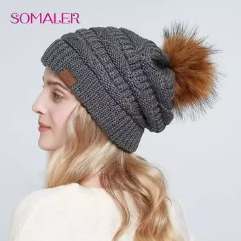 SOMALER женские зимние вязаные шапки с напуском, теплая мешковатая лыжная шапка из искусственного меха с помпоном, шапки для женщин