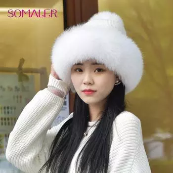 SOMALER Зима Женщины Вязаные шляпы Настоящая Лиса Мех Брим Шляпа Женская Шерстяные Шапки С Мехом Помпон Мода Толстая Россия Лыжная полоса Череп Шапочки чёрный