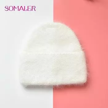 SOMALER зимние пушистые шерстяные теплые шапки для женщин, шапка-бини из ангорской шерсти, модная широкая шапка с манжетами для девочек, красочные толстые кепки светло-розовый