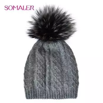 SOMALER зимние шапки для женщин натуральный мех шапки с помпоном шапка шерстяные вязаные теплые лыжные шапки чёрный
