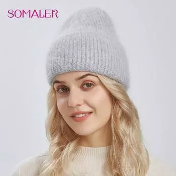 SOMALER зимние шапки для женщин, теплая вязаная шапка из ангорской шерсти, женская модная длинная пушистая кроличья шерсть, теплая шапка с черепом абрикосовый