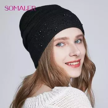 SOMALER зимние шапки для женщин, теплые шерстяные шапки, новые модные шапки с флисовой подкладкой и стразами белый