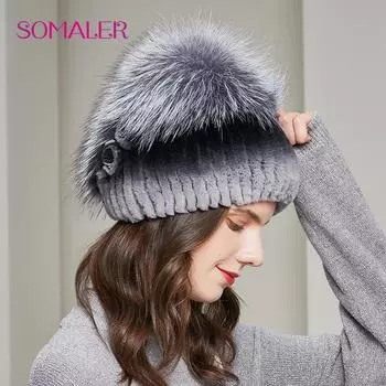SOMALER зимние шапки из кроличьего меха с красивыми меховыми цветами на спине, шапка из меха чернобурой лисы для женщин