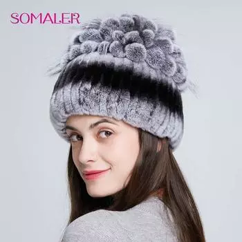 SOMALER зимние шапки из меха кролика рекс для женщин, толстая теплая шапка, топ, вязаная женская меховая шапка в форме цветка