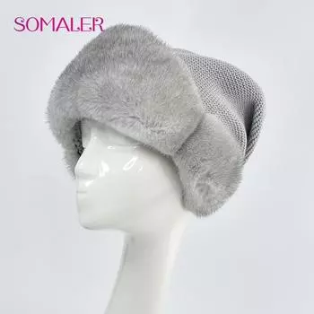 SOMALER Зимние шапки из натурального цельного меха норки для женщин, шерстяная вязаная шапка для холодной зимы, настоящая норковая лыжная шапка