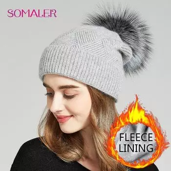 SOMALER зимние шапки с помпоном, женская вязаная шерстяная шапка, повседневная женская теплая лыжная шапка с флисовой подкладкой чёрный