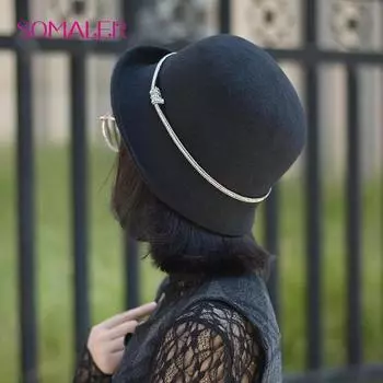 SOMALER, зимние шерстяные фетровые шляпы-федоры, женские осенние шляпы-клош, элегантная банкетная шляпа-федора, шерстяные панамы чёрный