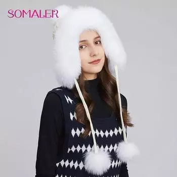 SOMALER зимние вязаные шапки из натурального меха для женщин, шапка-ушанка из натурального лисьего меха с меховым помпоном, теплые вязаные шапочки для защиты ушей серый/чёрный