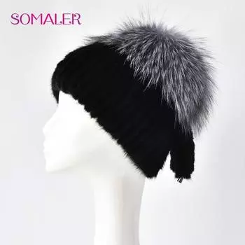 SOMALER зимние вязаные шапки из натурального меха норки для женщин, шапка-бини из лисьего меха, сшитая вручную шапка для девочек, модные женские лыжные шапки с меховым хвостом чёрный