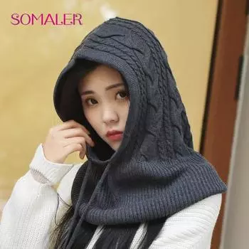 SOMALER, зимний шарф, шапки, комплект для женщин, шерстяной капюшон, теплая вязаная шапка, шарфы, шаль, модный повседневный однотонный шейный платок