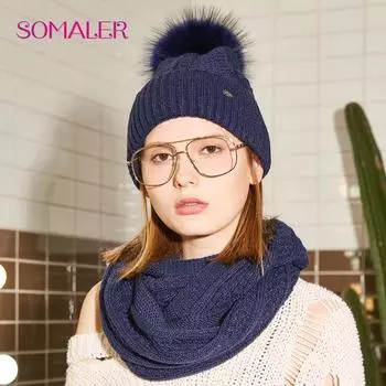 SOMALER зимняя меховая шапка с помпоном для женщин, шапка, шарф, комплект, шерстяная вязаная шапка с манжетами и шариком енота, шапка, утепленная шапка тёмно-синий