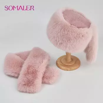 SOMALER зимняя шапка из искусственного меха, комплект шарфов, теплые женские кепки с плоским верхом и двумя хвостами, шапки, шарфы чёрный