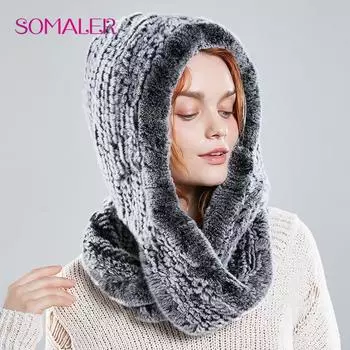 SOMALER зимняя шапка из меха кролика, шарф для женщин, вязаные меховые шапки и шарф в русском стиле One Size
