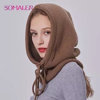 SOMALER зимняя шерстяная вязаная акриловая шапка с капюшоном для женщин, утепленная шапка для ушей, однотонная регулируемая шапка-шарф с веревкой серый