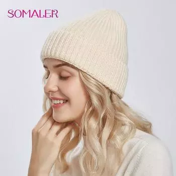 SOMALER зимняя вязаная шерстяная шапка для девочек, женская модная пушистая теплая шапка-бини с манжетами, женская осенне-осенняя повседневная кепка чёрный