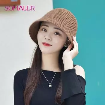 SOMALER зимняя вязаная шерстяная шапка-ведро для женщин, модная клетчатая шапка с узором, женская осенне-осенняя повседневная кепка коричневый