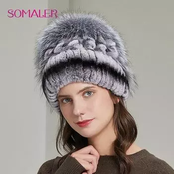 SOMALER зимняя женская шапка из натурального меха кролика рекса теплая вязаная шапка из меха серебряной лисы для женщин лыжные шапки