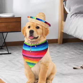 Сомбреро для собак, Соломенная шляпа, Мексиканская бандана, Забавный милый костюм для фотосъемки, Нагрудник для питомца с треугольным узором