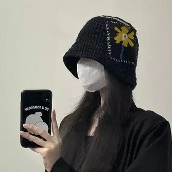 Song Minhao, та же шапка, женская осенне-зимняя теплая шапка, корейский модный бренд, вязаная шапка-тазик, вязаная крючком шерстяная шапка в стиле ретро для рыбаков average size (56-58cm)