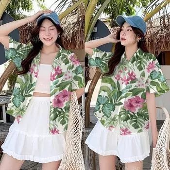 Songkran shirt Hawaiian women s shirt summer short sleeved floral shirt comfortable and breathable S