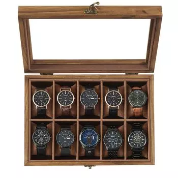 SONGMICS Watch Case, 10 шт. Деревянный футляр для хранения часов с прозрачным окном, шкатулка для хранения аксессуаров, подарок на День отца для мужчин