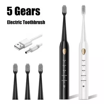 Sonic Electric Toothbrush 5-gear Mode USB Charging IPX7 Waterproof Ultrasonic Rechargeable Soft Hair Adult Automatic Toothbrush чёрный